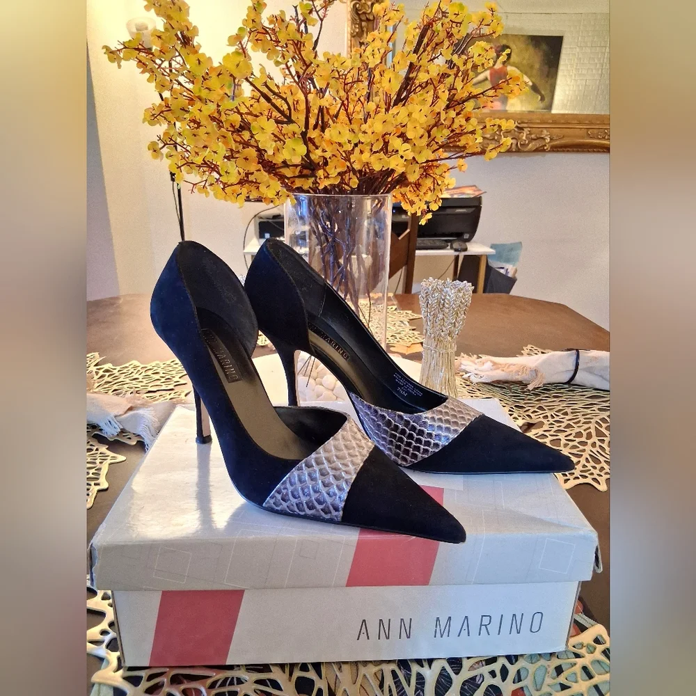 Ann Marino Fine Leather Suede Black And Grey Cobra Cutout Stilettos Size 7.5 - Picture 2 of 8